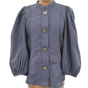 Britt Sisseck Striped Blouse Gold Button Mandarin Collar Puff‎ Sleeve Top